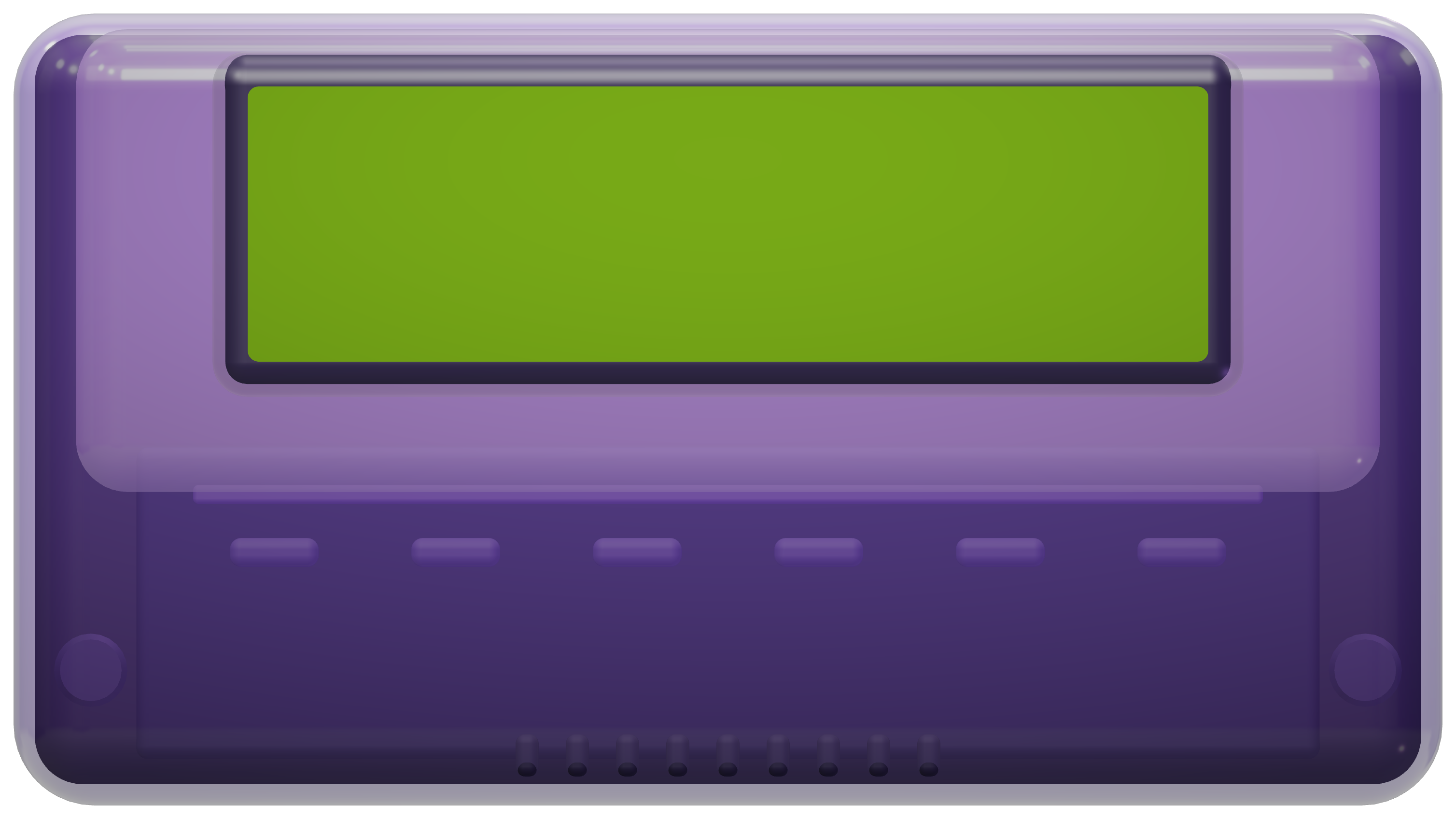 The ZA01, a translucent violet handheld with a green screen and five keys